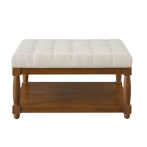 English Elm Large Square Tufted Ottoman with Wood Shelf Upholstered Footrest for Living Room Ivory W2186P204183