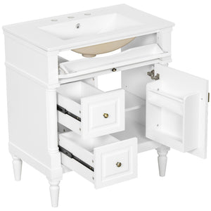 English Elm 30" Freestanding Bathroom Vanity Rubberwood Frame Ceramic Sink Flip Drawer Storage White N725P356062K