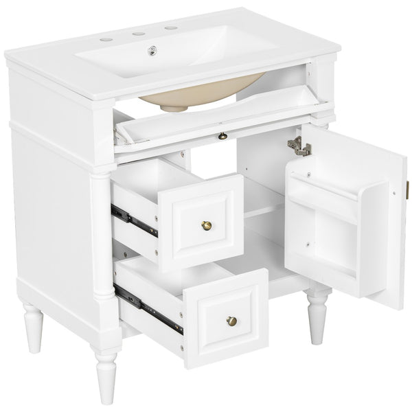 English Elm 30" Freestanding Bathroom Vanity Rubberwood Frame Ceramic Sink Flip Drawer Storage White N725P356062K