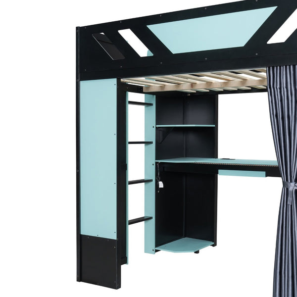 English Elm Full Size Loft Bed with Desk Blackout Curtains Rgb Lighting and Integrated Storage Black+Blue LT000377AAC