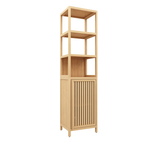 English Elm Storage Tall Slim Cabinet Bamboo Linen Tower with Shutter Door, 3-Tier Shelves, Humidity-Resistant Freestanding Organizer W2207P198058