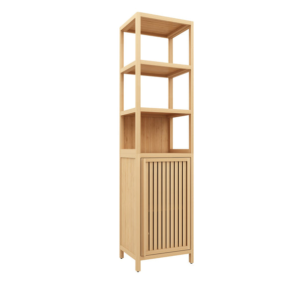 English Elm Storage Tall Slim Cabinet Bamboo Linen Tower with Shutter Door, 3-Tier Shelves, Humidity-Resistant Freestanding Organizer W2207P198058