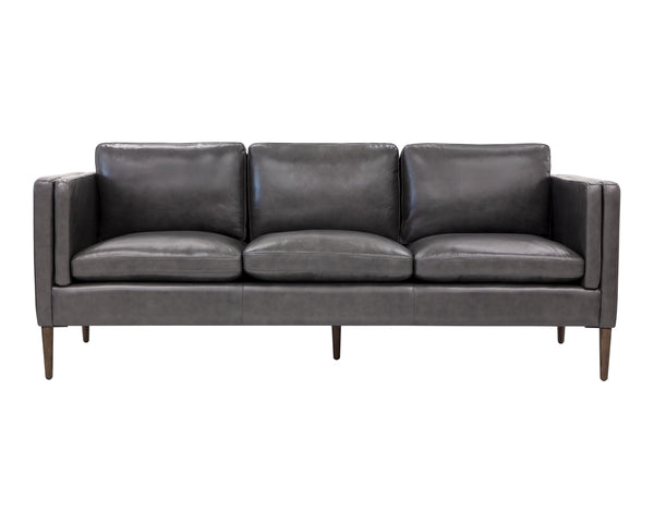 Sunpan Richmond Modern Sofa in Cortina Black Leather – Stylish Comfort with Solid Wood Legs & Unique Design