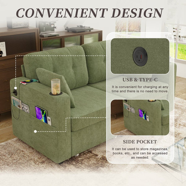 English Elm Sofas for Living Room Chenille Three Seat Couch with Usb Charging Storage and Cup Holder Olive W395S00146