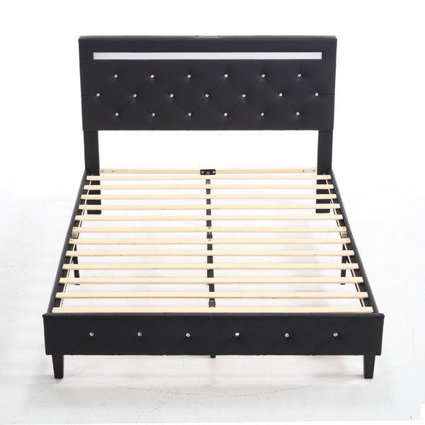 English Elm Queen Platform Bed Wingback Diamond Quilted Headboard Led Lighting Storage Drawers W5722P462498