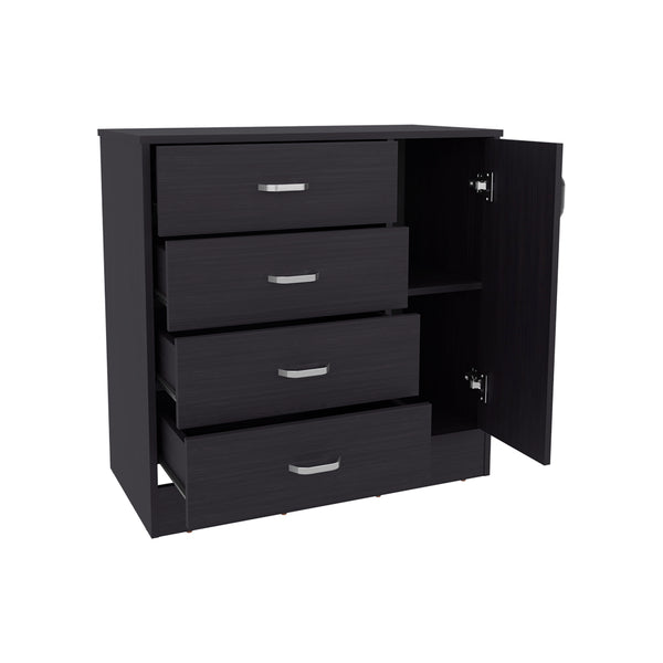 English Elm Wilmore 4-Drawer Living Room Storage Cabinet in Black with Side Shelves, Sleek Silver Handles Durable Finish B092P315571