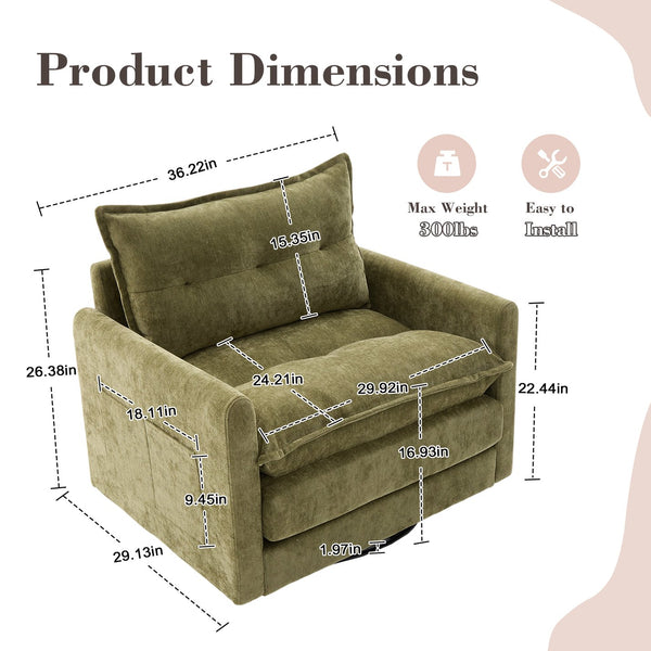 English Elm UNITED Swivel Barrel Chair with Chenille Upholstery, 360° Smooth Rotation, Padded Arm Comfort and Side Pockets for Living Room Relaxation Olive Green W1568P290086