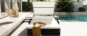 English Elm U_style Outdoor Double Sun Lounger Hdpe Wicker Steel Frame with Canopy Pop up Tables Beige WY000485AAA
