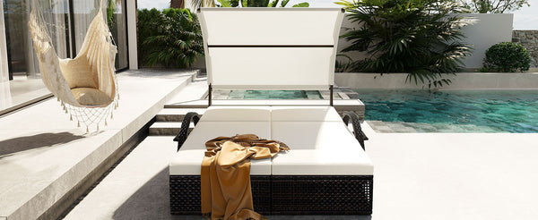 English Elm U_style Outdoor Double Sun Lounger Hdpe Wicker Steel Frame with Canopy Pop up Tables Beige WY000485AAA