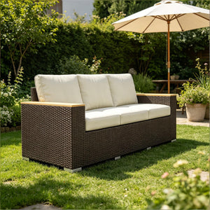 English Elm 3-seat Handwoven Pe Rattan Outdoor Sofa with Steel Frame and Washable Cushions T3971S00257