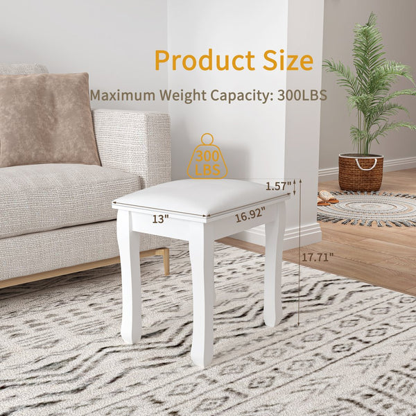 English Elm Vanity White Makeup Stool with Cushion and Solid Wood Legs, Anti-Slip Pads, Comfortable PU Seat W3128P281249