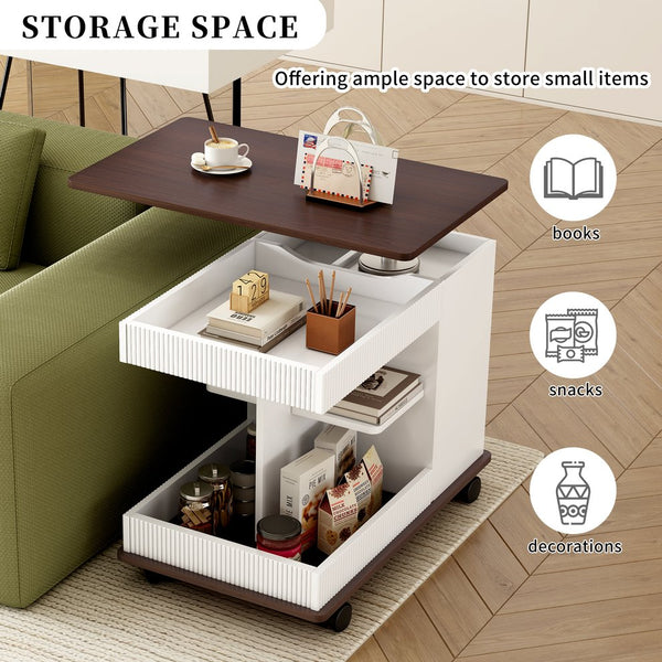 English Elm U-Can Modern Adjustable End Table with 360° Rotating Lift-Top, Lockable Wheels and Storage Space Brown+White N724P292505K