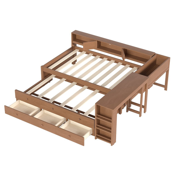 English Elm Twin Daybed Pine Frame with Trundle Desk Hutch Shelves and Storage for Kids Rooms Brown W1580S00459