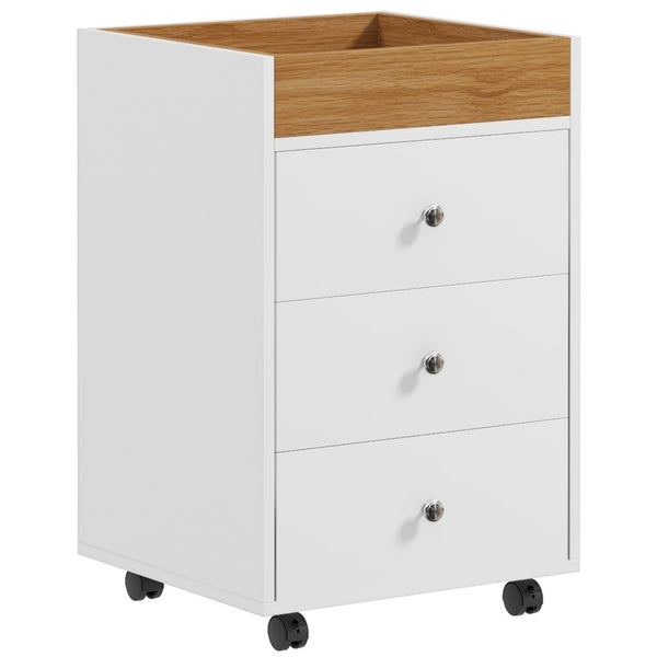 English Elm HOMCOM Mobile 3-Drawer Office Storage Cabinet with Removable Top Tray, Locking Wheels, Space-Saving Design White W2225P217756
