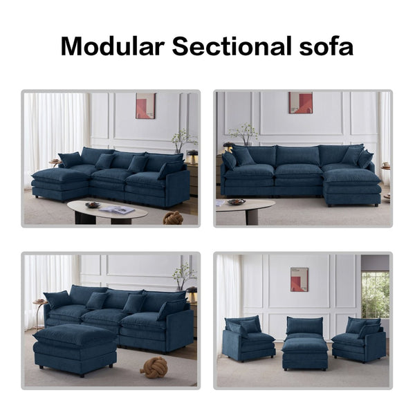 English Elm 105" L-shaped Chenille Sectional with Ottoman Pocket Spring Living Room Sofa Blue W1097S00231