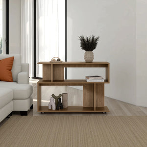 English Elm Asymmetrical Oak Sofa SideTable with Open Shelves & Top Shelf, Modern Engineered Wood Accent Table B200P363787