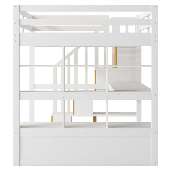 English Elm Full Full Size Loft Bed with Desk, Shelves, Two Drawers and Storage Staircase in Warm Wood Finish White GX000397AAK