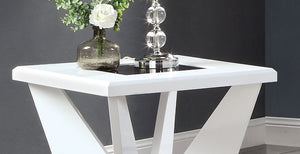 English Elm White glossy end table with geometric base and black tempered glass insert for modern statement decor White 27 L x 34 W x 6 H B2741P360140