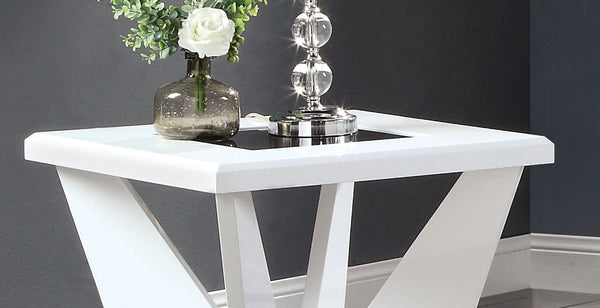 English Elm White glossy end table with geometric base and black tempered glass insert for modern statement decor White 27 L x 34 W x 6 H B2741P360140