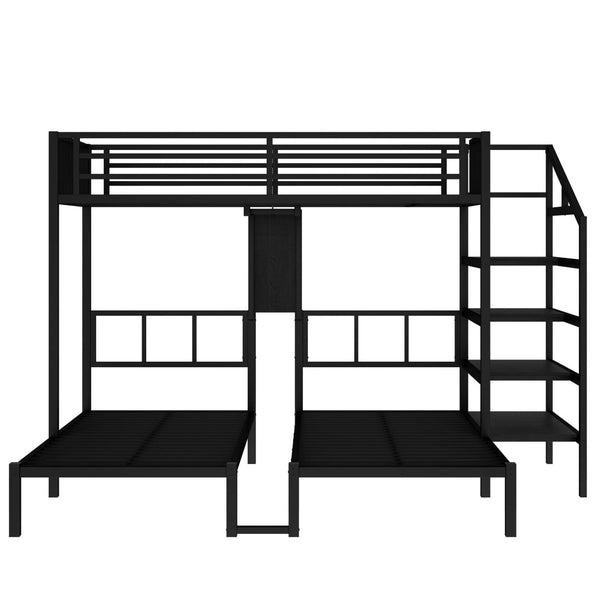 English Elm Twin Bunk Beds For 3 With Desk & Shelves, Space-Saving Metal Triple Bunk Bed, Noise Reduction, Black W1580S00116-GIGA