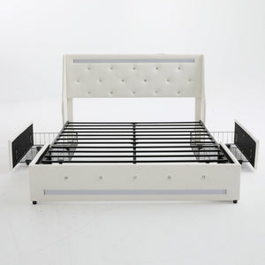 English Elm Queen Platform Bed Wingback Diamond Quilted Headboard Led Lighting Storage Drawers White W5722P462686