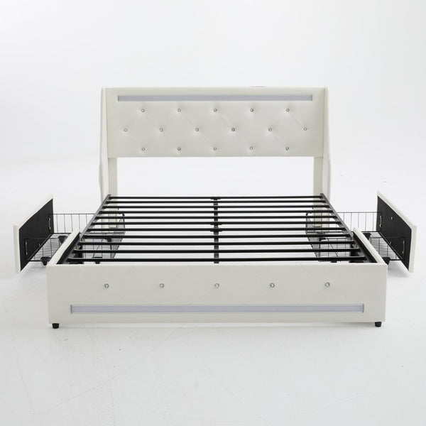 English Elm Queen Platform Bed Wingback Diamond Quilted Headboard Led Lighting Storage Drawers White W5722P462686