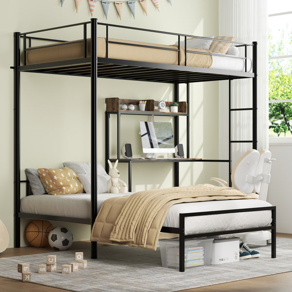 English Elm Bunk Twin-Over-Twin Loft Bed with Desk & Charging Station, Metal L-Shape Storage Shelves, Black W636P345065