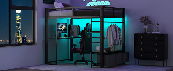 English Elm Full Metal Gaming Loft Bed with LED Lighting, Built-In Desk, Open Wardrobe and 3 Drawers for Space-Saving Comfort Black GX001133AAB