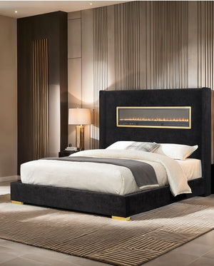 English Elm Contemporary Queen Platform Bed Upholstered Fabric Headboard with Built-in 3d Fireplace B2741P439939