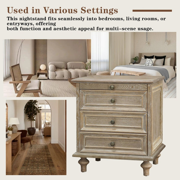 English Elm Farmhouse Nightstand Pine Wood Four Drawer Storage with Pull Out Tray Gourd Legs Natural+White W1716P399643