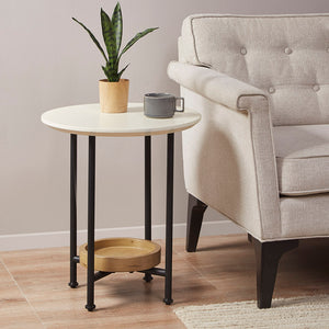 JLA Home Madison Park - End Table with Round White Top, Black Metal Legs & Natural Lower Shelf — Modern Compact Storage Accent MP120-1098