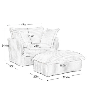 English Elm Upholstered Slipcovered Armchair Set With Wide Ottoman, Deep Cushions In Green Corduroy Fabric W3041S00077-GIGA