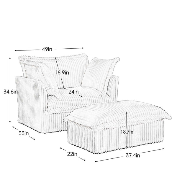 English Elm Upholstered Slipcovered Armchair Set With Wide Ottoman, Deep Cushions In Green Corduroy Fabric W3041S00077-GIGA