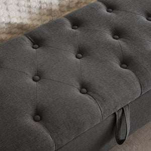 English Elm Ottoman Storage Bench Tufted Linen Upholstered Entryway Seat with Lift Top Shelf Dark Gray W2186P469998