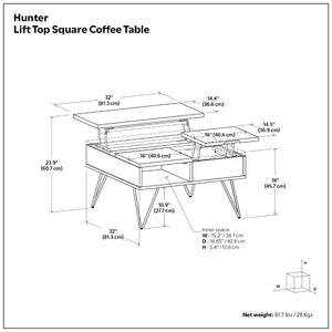 English Elm Hunter Solid Oak Lift Top Square Coffee Table with Hidden Storage and Hairpin Legs B136P429095
