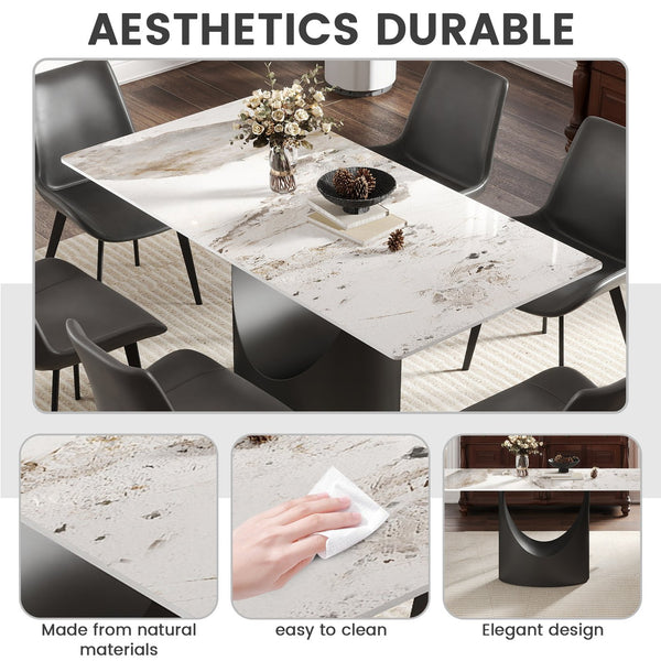 English Elm 63" Modern Artificial Stone Dining Table With Black Iron Legs - Seats 6-8, Elegant & Durable Design W1535S00562