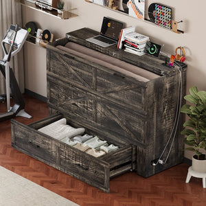 English Elm Queen Murphy Cabinet Bed Rustic Grey Farmhouse Style with Charging Station Storage W5271S00001