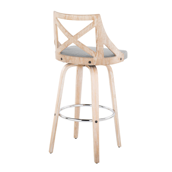 English Elm Charlotte 30" Farmhouse Barstool with 360° Swivel, White Wash Wood, X-Back, Padded Fabric Seat (Set of 2) Grey B202S00494