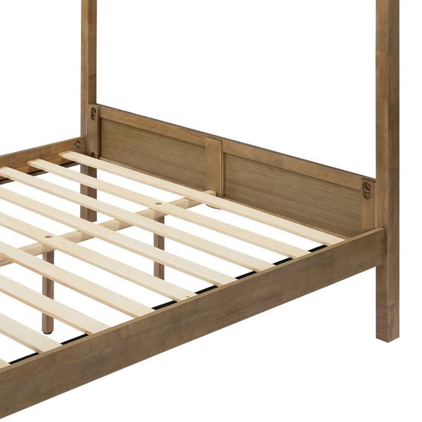 English Elm Queen Solid Wood Canopy Bed Four Post Antique Oak Finish with Curtain Rail Slots N758Q084041N