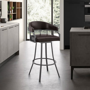 English Elm Velisse 30" Swivel Bar Stool - Stylish Brown Faux Leather & Java Metal Frame For Modern Comfort B2736P268612-GIGA