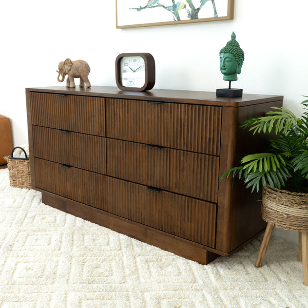 English Elm Ashcroft Furniture - Lola Solid Wood Mid-Century Walnut Dresser 6 Drawers — Tall Storage, TV Stand Up to 45" B183P231916