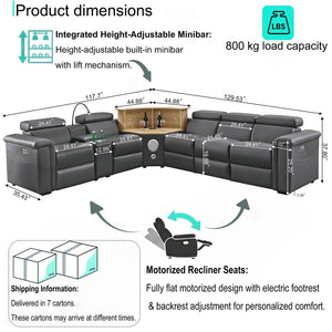 English Elm 5-seater Air Leather Power Reclining Sectional with Led Bluetooth Subwoofer and Lift Cabinet Dark Grey W1191S00125