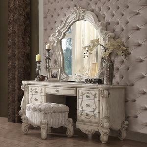 English Elm Ivory Luxurious Button-Tufted Vanity Stool with Nailhead Trim, Scrolled Base, Welted Seat — Elegant B062P209000