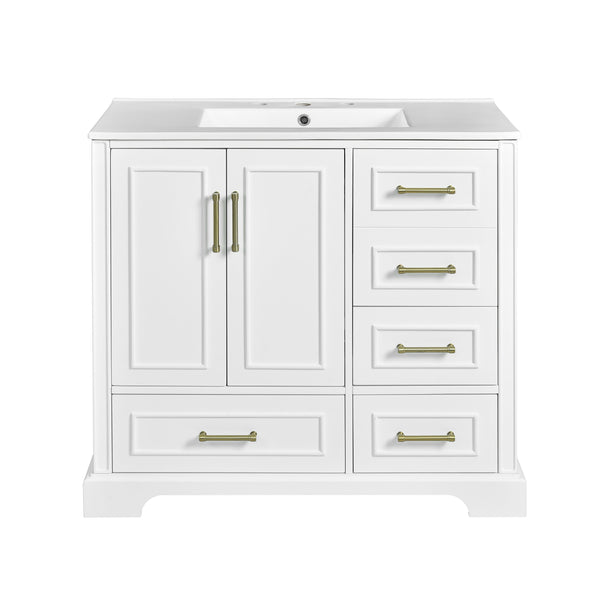 English Elm 36" Traditional Bathroom Vanity with Ceramic Sink, Solid Wood Cabinet, Soft-Close Doors & Drawers White N729P251630K