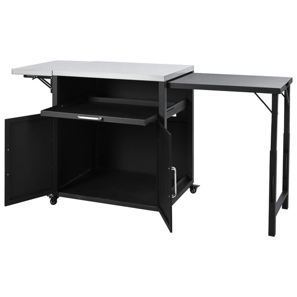 English Elm Versatile Outdoor Cabinet with Foldable Stainless Top, Extendable Iron Panel, Locking Wheels, Matte Black N719P244805B