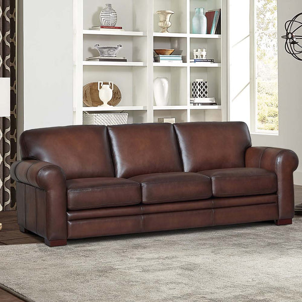 English Elm Brookfield Top Grain Leather Sofa Couch with Transitional Design, Rounded Arms & Solid Wood Feet, Elegant Comfort for Family Living Room B2705P211767