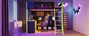 English Elm Full Size Gaming Loft Bed with Led Lighting Desk Drawers and Display Shelving Green LT000263AAF