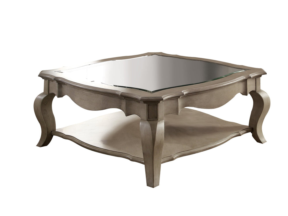English Elm Chelmsford Taupe Coffee Table with Beveled Clear Glass Top, Scalloped Frame & Cabriole Legs B2726P256213