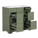 English Elm 36" Bathroom Vanity With Sink, One Cabinet With Three Drawers and One Flip Drawer, Solid Wood and Mdf Board, Green