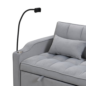 English Elm Modern Velvet Loveseat Futon Sofa with Pullout Bed, USB Ports, Adjustable Recline, Pillows, Gray W311P264374